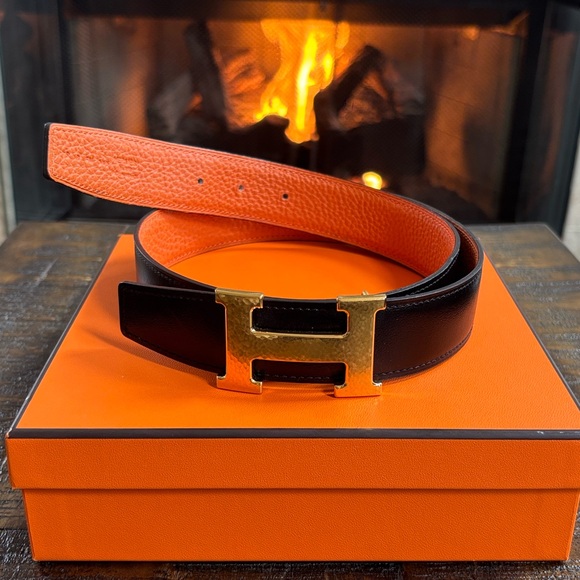 Hermes Black and Orange Leather Belt. Classic H Gold Buckle. - Picture 3 of 5